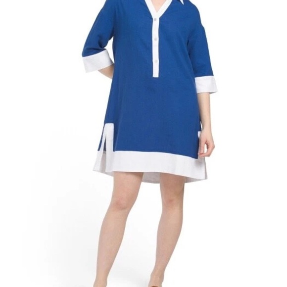 Cynthia Rowley Royal Blue and White 3/4 Sleeve Linen Blend Tunic Dress Size Med - Picture 1 of 6